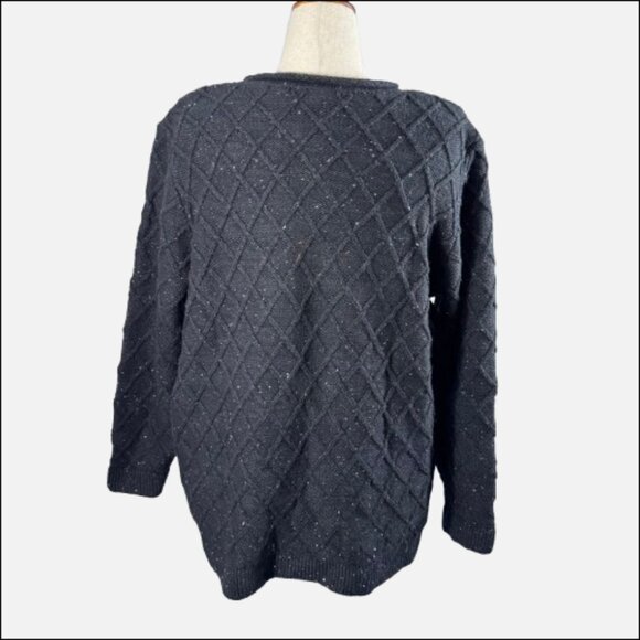 Land’s End Chunky Diamond 3D Pom Pom Rollneck Black Tweed Knit Sweater (Size 2X) - Picture 8 of 12